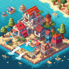 Colorful Island Village with Boats and Trees Illustration - Generative AI