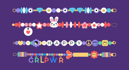 Set of cartoon beads bracelets. Plastic accessories elements with letters, bunny, heart, grlpwr, happy flowers. Handmade friendship bracelets illustration. Vector
