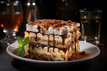 Italian dessert portion Tiramisu gourmet served on a plate on the gray table in a , generative IA