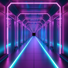 Fototapeta premium Illustration of abstract background of futuristic corridor with purple and blue neon lights, ai technology
