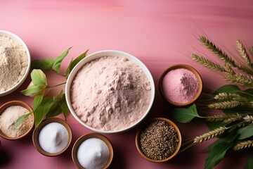 Fototapeta na wymiar Food ingredients to bake in a slightly pink pastel background. Cook Lay Flat with , generative IA