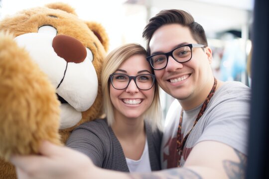 smiling duo with a selfie, oversized plush bear beside them