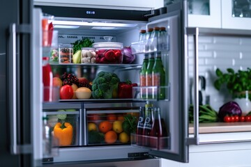 A refrigerator filled with a variety of food items. Perfect for showcasing a wide range of options for meals and snacks. - obrazy, fototapety, plakaty