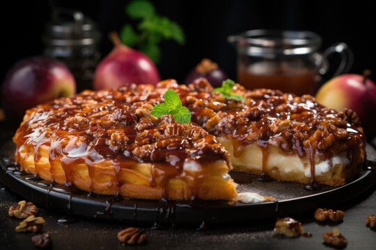 Homemade tart tatin pie with apples and walnuts on a bottom beige French apple pie, generative IA