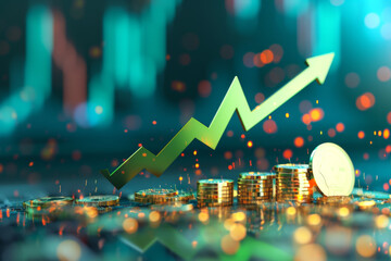 3d render chart arrow and flying coins. Green flexible stock arrow up growth icon. I - obrazy, fototapety, plakaty