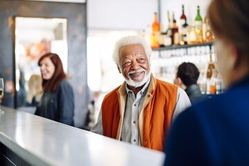 elderly in trendy leather jacket ordering drinks at bar counter