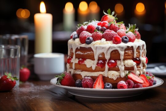 A red fruit cake decorated with round strawberries with delicious cream birthday p, generative IA
