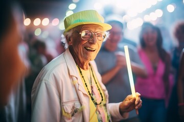 senior in chic clothes with a glow stick at a rave