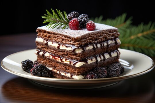 A delicious piece of cake with pine tails in white background. high quality photo, generative IA