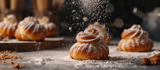 Baked goods are on the gray table and flour is being poured onto them.