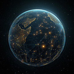 illustration of glowing planet with yellow network connecting cities on black background, ai technology