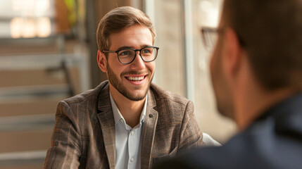 Fototapeta premium Confident young businessman smiling and engaging in a discussion with a colleague in a well-lit office space.