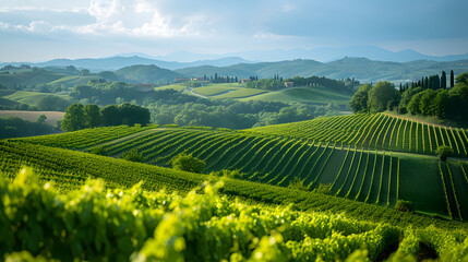 Fototapeta na wymiar A photo of rolling hills, with lush green vineyards as the background, during a serene afternoon
