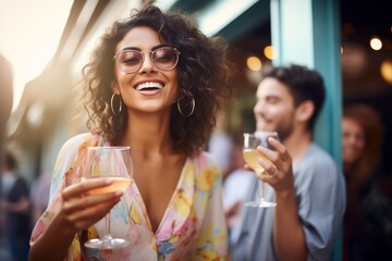 lady in trendy dress clinking glasses with friends