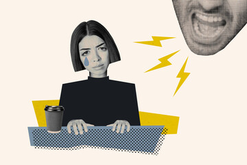 Photo collage banner crying woman suffer shouting man boss boyfriend abuse bullying insult mental...