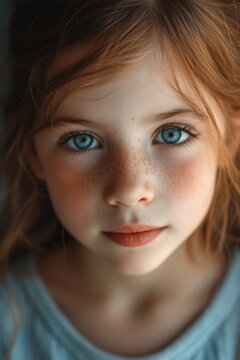 A close-up view of a child with freckles on her face. This image can be used to depict innocence, childhood, or natural beauty