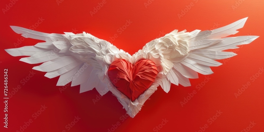 Aufkleber A paper heart with wings on a vibrant red background. This image can be used for various creative projects