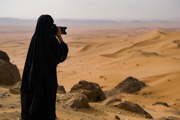 lady in abaya photographing desert landscape