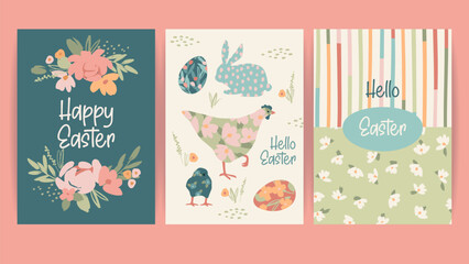 Fototapeta na wymiar Set of Easter cards. Vector design templates in vintage pastel colors.