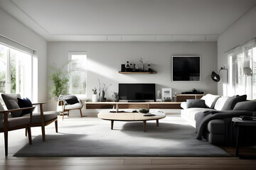 Living room in scandinavian interior design, modern and clean style