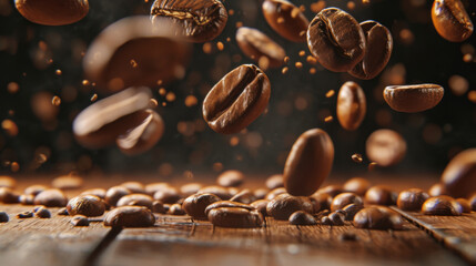 Coffee beans falling into a table on top of dark wood.
