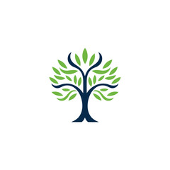 abstract Tree of Life logo. Organic nature symbol. Tree branch with leaf sign. Natural plant design element emblem. Vector illustration.