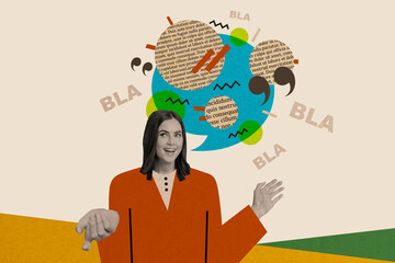 Photo collage young talkative girl communicate phrase quote cite share opinion literature text page background conversation chatterbox