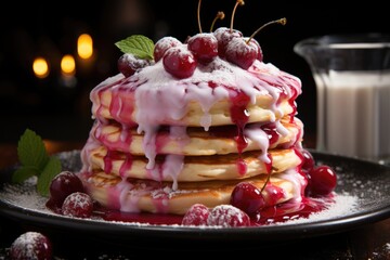 Vertical close up of delicious cherry pancakes and icing sugar, generative IA