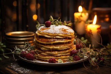 Vertical close of high angle of raw vegan pancakes in an aesthetic table design, generative IA