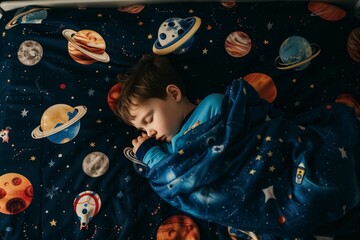 kid asleep under a spacethemed bedspread - obrazy, fototapety, plakaty