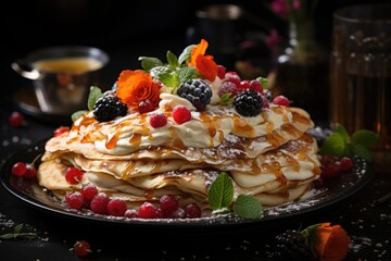 Tasty homemade crepes thin pancakes with fruits and sour cream on a gray dish in b, generative IA