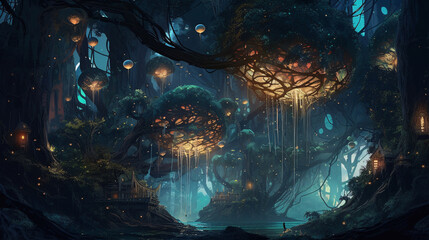 Whispering Woods Wander through an Ancient Forest, Where Gnarled Trees Embrace Traditional Lanterns, Casting a Tranquil Glow.