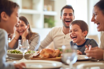 family at a dinner table laughing at a childs joke