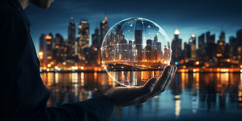 Fototapeta na wymiar Seeing the city through a glass ball at night Hand holding glass sphere with cityscape background.