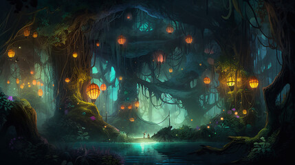 Lantern-lit Realm Explore an Ancient Forest with Twisted Trees Hosting Traditional Lanterns, Creating a Magical Atmosphere.