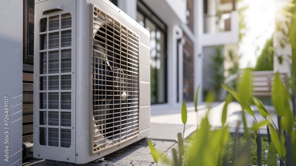 Poster a white air conditioner unit is positioned on the side of a building. this image can be used to depi