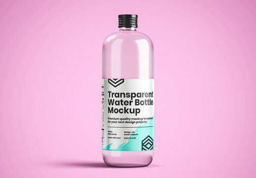 Transparent Water Bottle Mockup with Black Cap and Label
