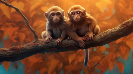 Obraz premium Two Monkeys Sitting on a Tree Branch - Generative AI