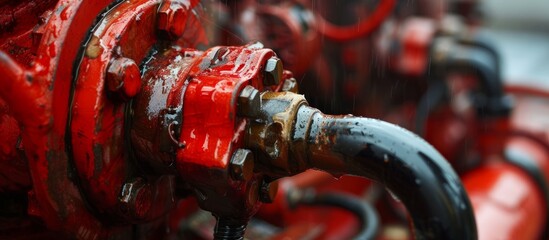 Fire hose leaks caused by frequent usage and high engine pump pressure. - obrazy, fototapety, plakaty