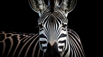 Close-up of a Zebra's Face on a Black Background - Generative AI - obrazy, fototapety, plakaty