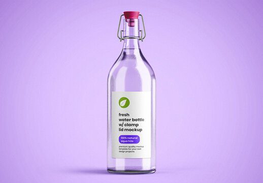 Clear Glass Water Bottle Mockup with Clamp Lid