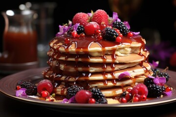 Homemade pancakes of red fruit with chocolate and syrup generated by AI, generative IA