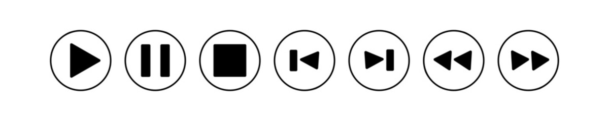 Media player control icon. Play, pause, stop, rewind button set illustration symbol. Sign intarface multimedia vector. 