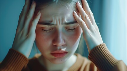 A woman is seen holding her head in her hands, displaying signs of stress or frustration. This image can be used to represent feelings of overwhelm, mental health, or workplace stress