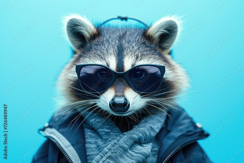 Poster a raccoon wearing sunglasses posing on a blue background. perfect for adding a playful touch to any 