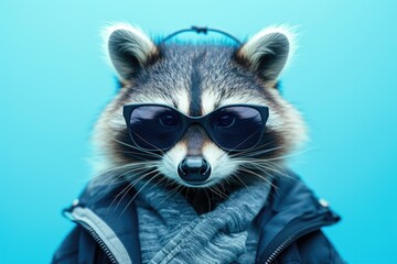 A raccoon wearing sunglasses posing on a blue background. Perfect for adding a playful touch to any project
