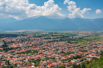 Panoramic view of the city of Razlog and Pirin mountain in the background, Bulgaria.