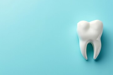 Pastel blue postcard with a white fake tooth, concept of dentistry, dental care and international dentist day celebration with copyspace for text - obrazy, fototapety, plakaty