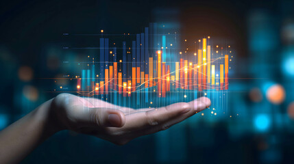 hand holding digital histogram show financial and business growth - obrazy, fototapety, plakaty