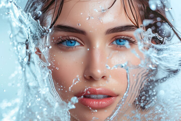 Beautiful young woman face with splashes of water. Face care, cosmetology, beauty treatment and spa concept.	